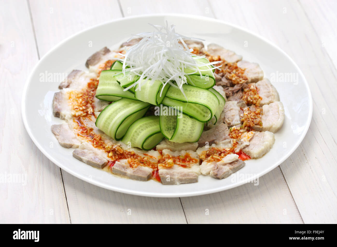 pork belly slices with spicy garlic sauce, chinese sichuan cuisine Stock Photo