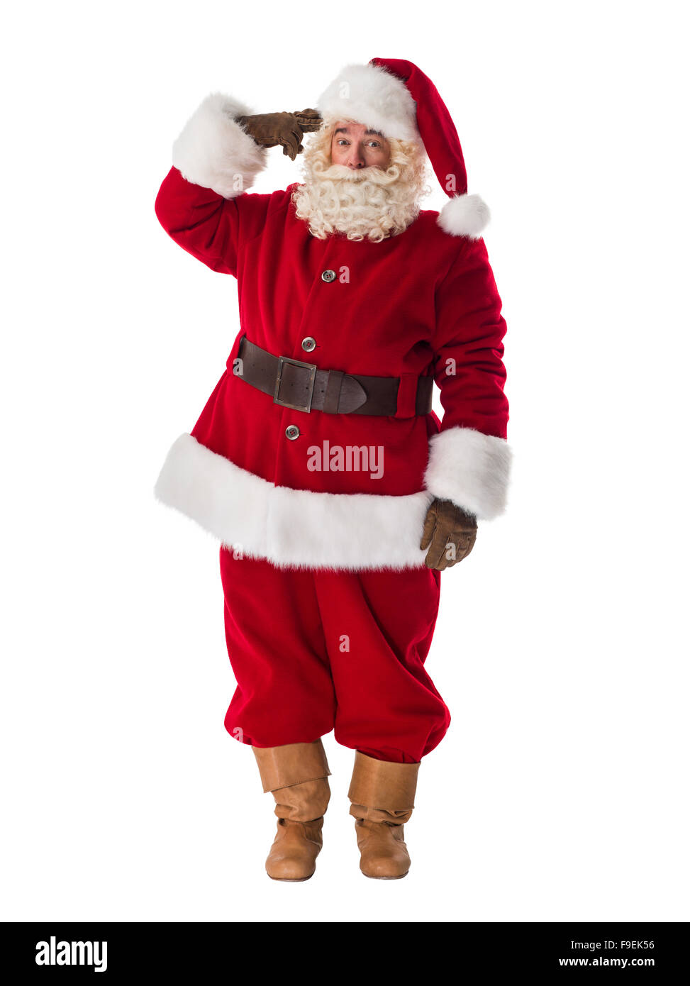 Santa Claus Portrait. Tired of bustling. Holding gun of fingers on his temple Stock Photo