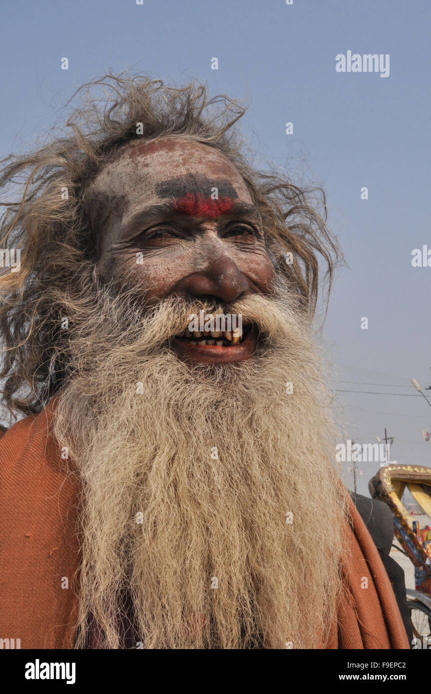 Smile of an old Aghori Baba ( A Hindu Sadhu with Extreme Aghori Sect ) at Mahakumbh Mela, Prayag, Allahabad Uttar Pradesh, India Stock Photo