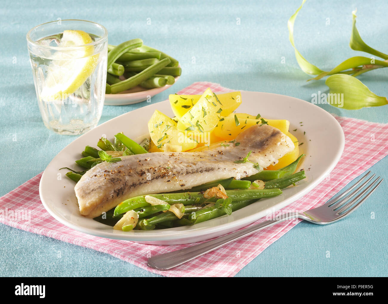 Matjes herrings with French beans and potatoes Stock Photo