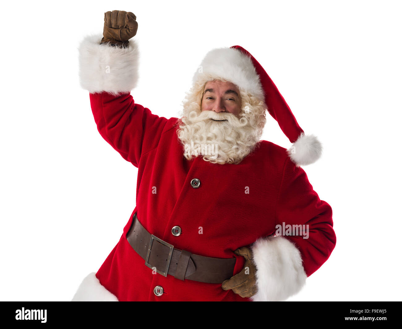 Santa Claus celebrating victory Portrait Isolated on White Background Stock Photo