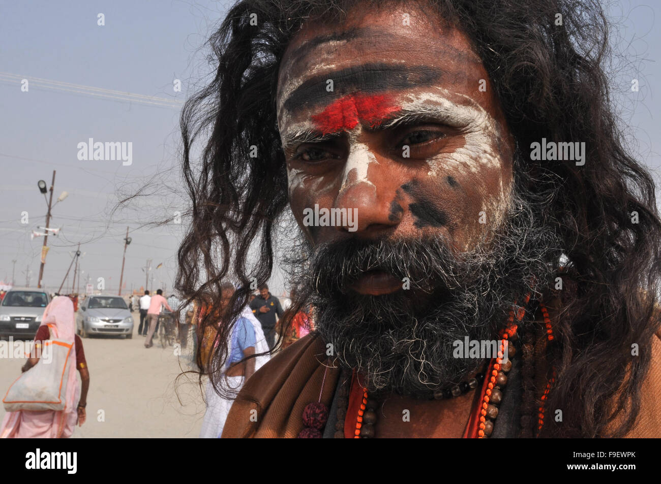 Aghori baba ( Hindu Sadhu with Aghori Sect )  with ash-tilak on face at Mahakhumbh Mela, rayag, Allahabad, Uttar Pradesh, India. Stock Photo