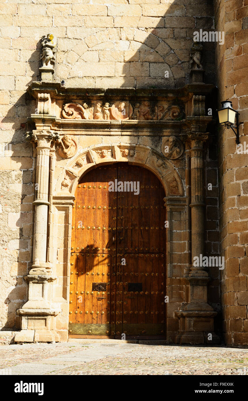 Entrance door. San Mateo Church is a religious temple of Catholic cult under the invocation of St. Matthew, Cáceres.Spain Stock Photo
