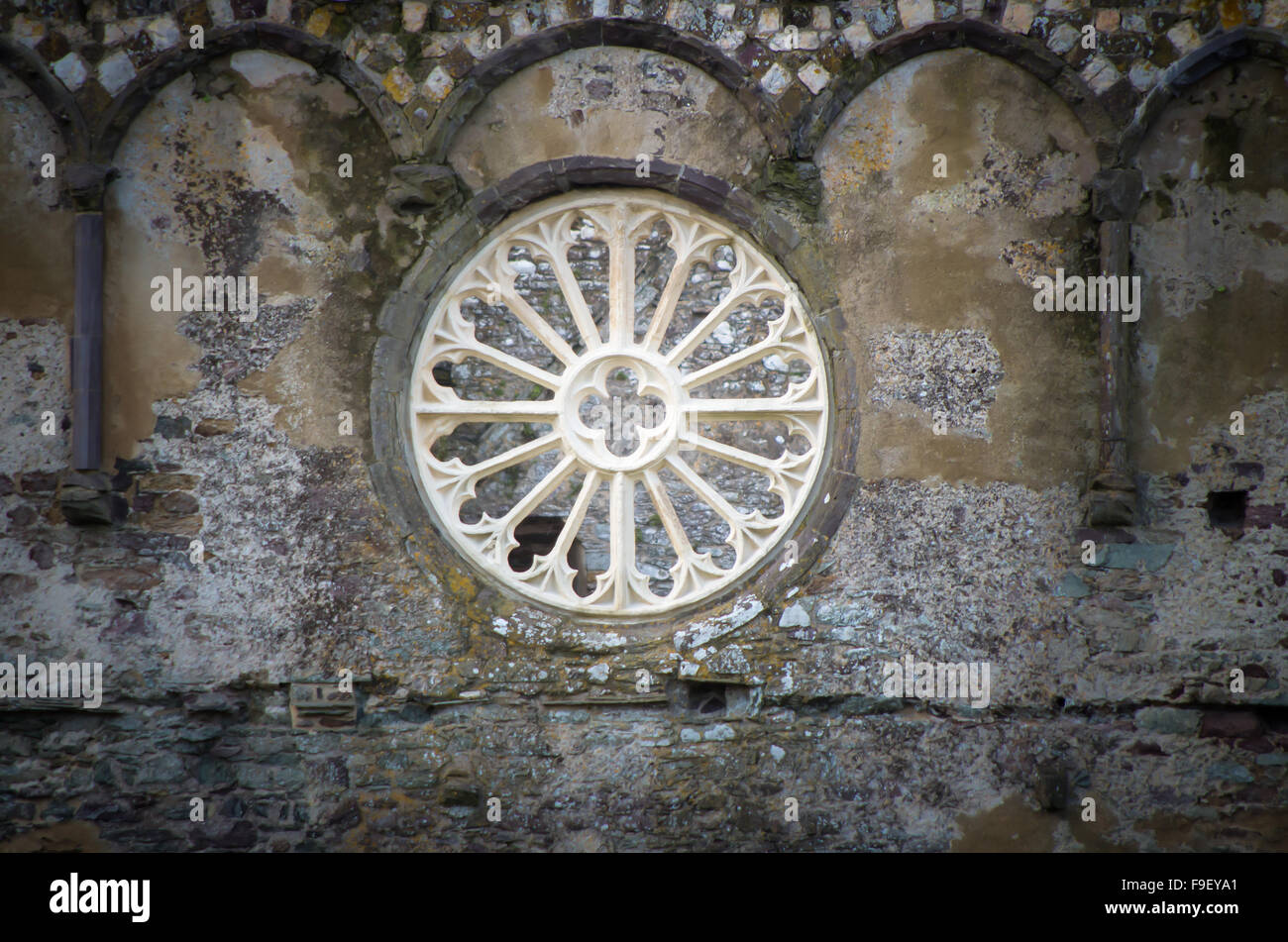 The 'Wheel Window'  St Davids Bishops Palace.  St. Davids in Pembrokeshire. Stock Photo
