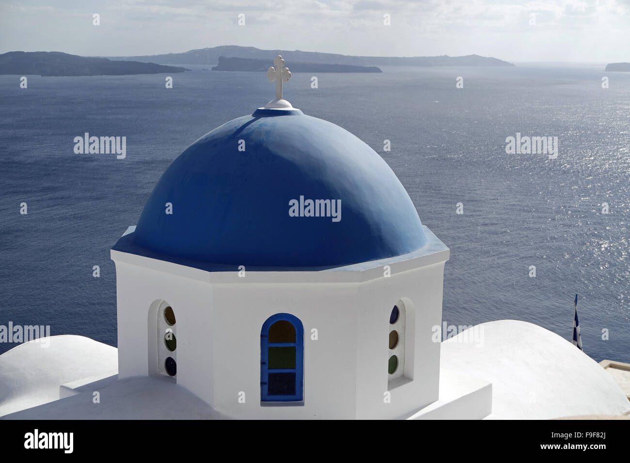 traditional greece church with blue dome on santorini island Stock Photo