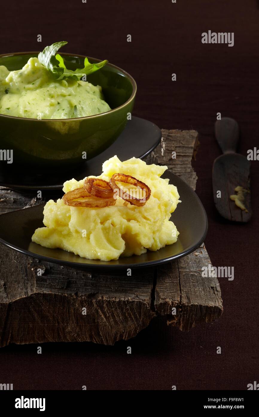 Mashed potatoes with celery and mashed potatoes with rucola Stock Photo