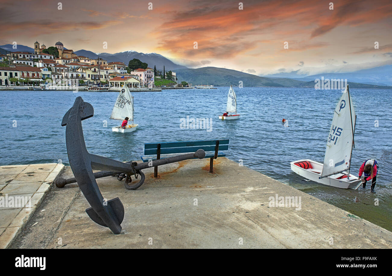 Water sports in Galaxidi traditional town, in Fokida region, Central Greece Stock Photo