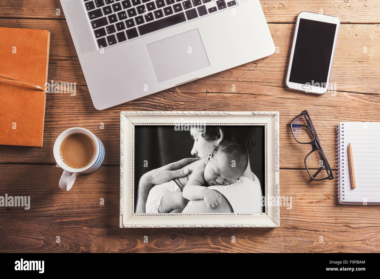 Fathers day composition office desk. Studio shot on wooden background