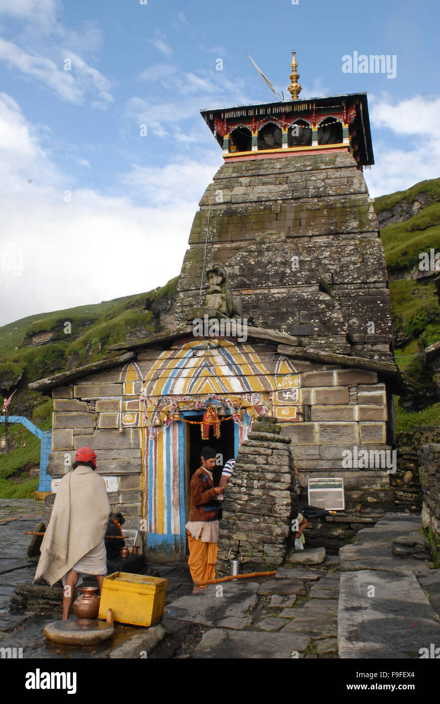 Main shrine and devotees -Thousand year old Tungnath Temple was built by Pandavas at district Rudraprayag, in Uttarakhand, India Stock Photo