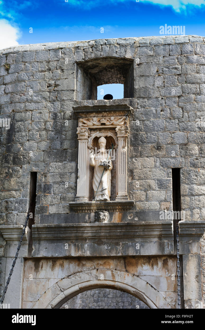 Statue of Saint Blaise at the Pile Gate at the entrance to the fortress, Dubrovnik, Croatia. Stock Photo