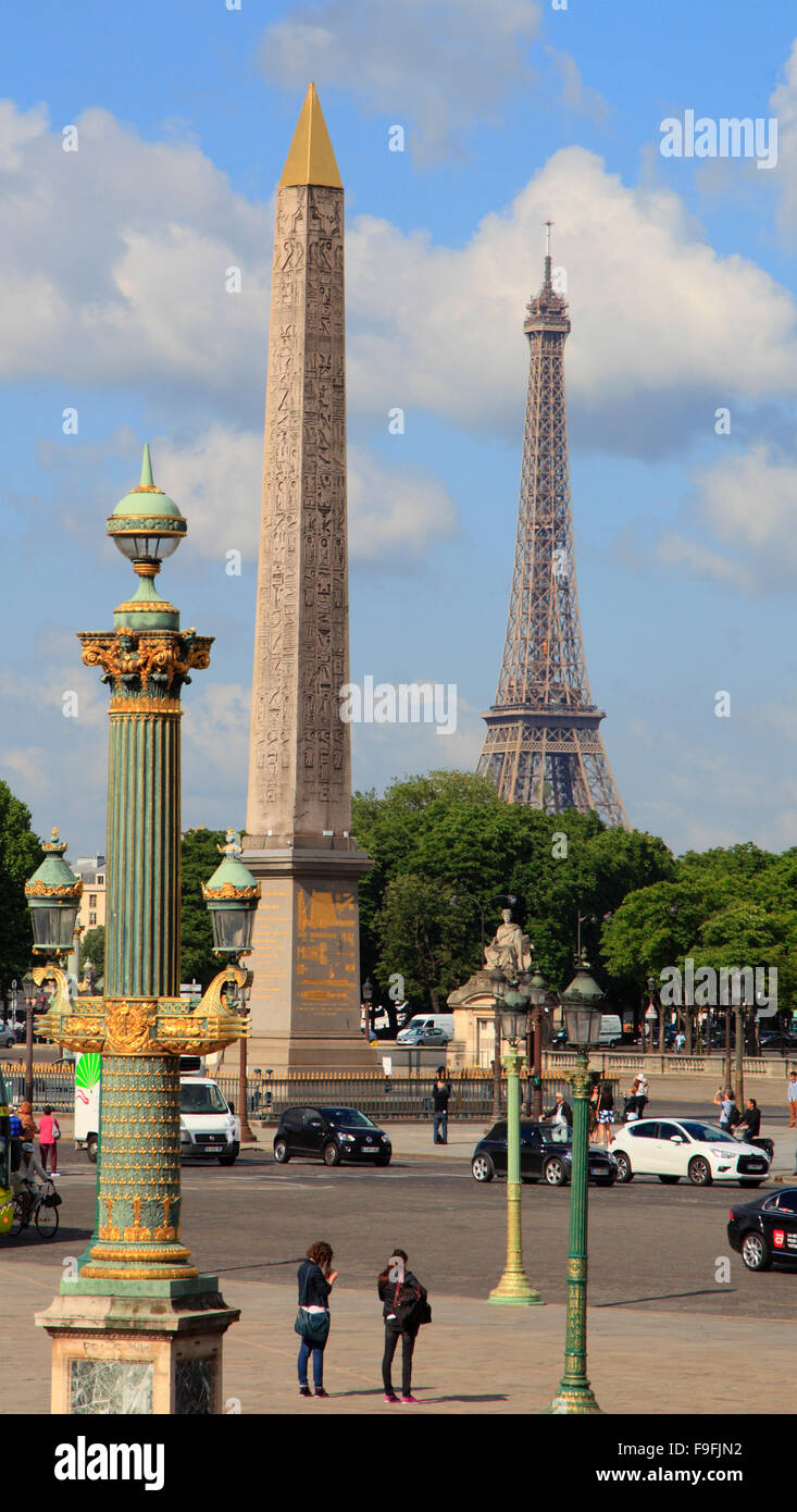 France, Paris, Place de la Concorde, Obelisque, Tour Eiffel, Stock Photo