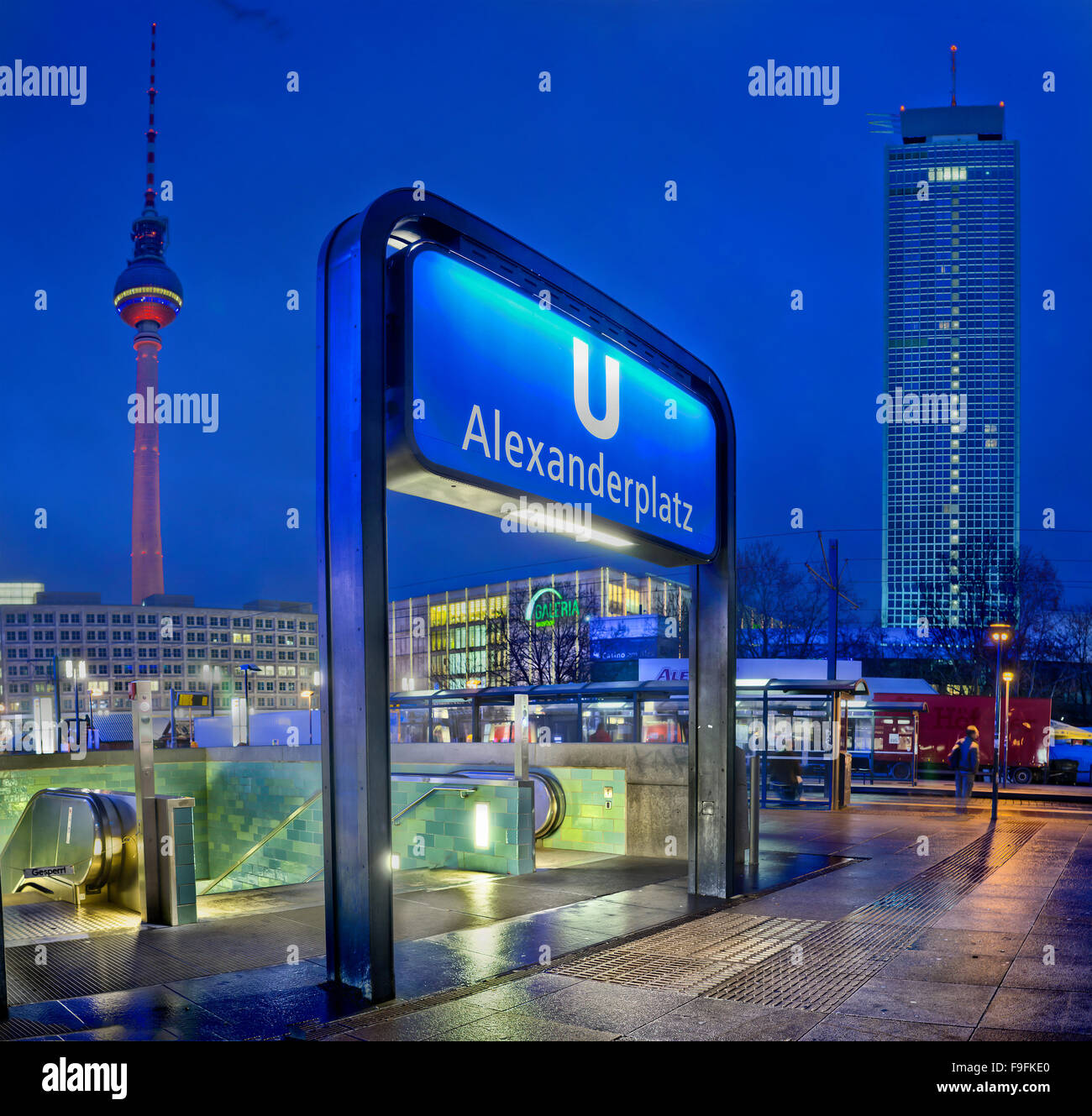 Subway sign, Alexanderplatz, Berlin, Germany, low angle view Stock Photo