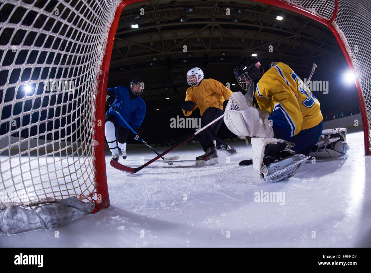 ice hockey goalkeeper player on goal in action Stock Photo Alamy