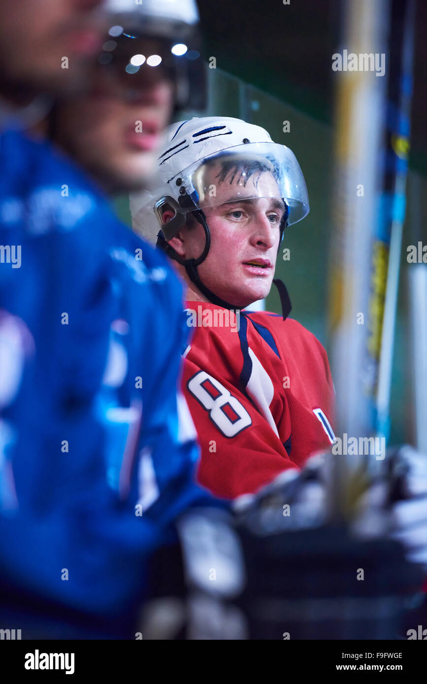 ice hockey players, group of team friends waiting on bench to start
