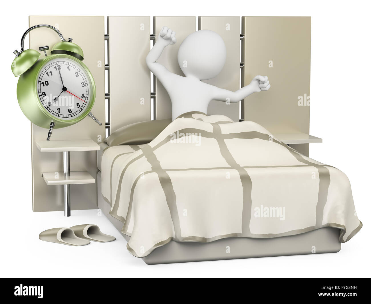 3d white people. Man waking up in the morning to go to work. Isolated white background. Stock Photo