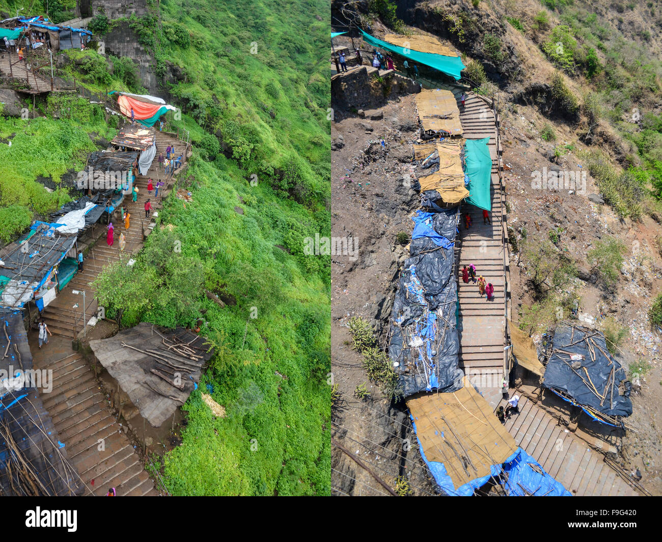 Pavagadh Hill Walking Path: Comparison / Difference Left: Monsoon season ( September month ) Right: Summer season ( May month ) Stock Photo