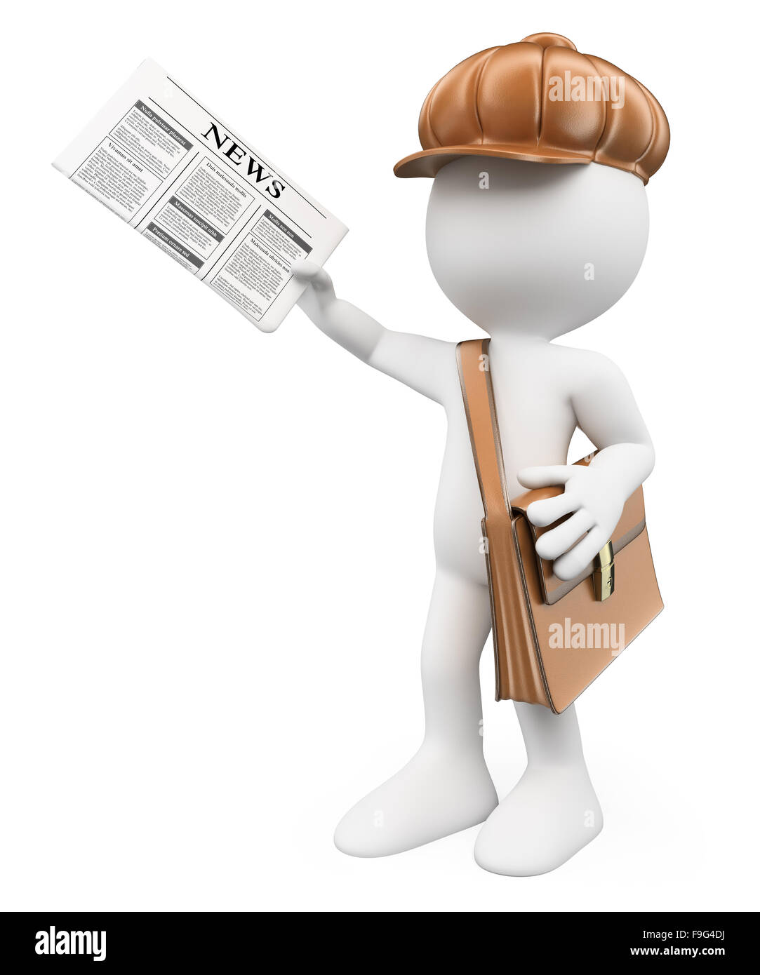 3d white people. Latest news concept. Child distributing newspapers. Paperboy. Isolated white background. Stock Photo