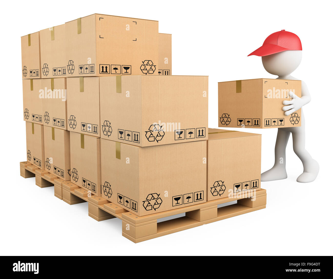 3d white people. Stock boy stacking boxes on a pallet ...