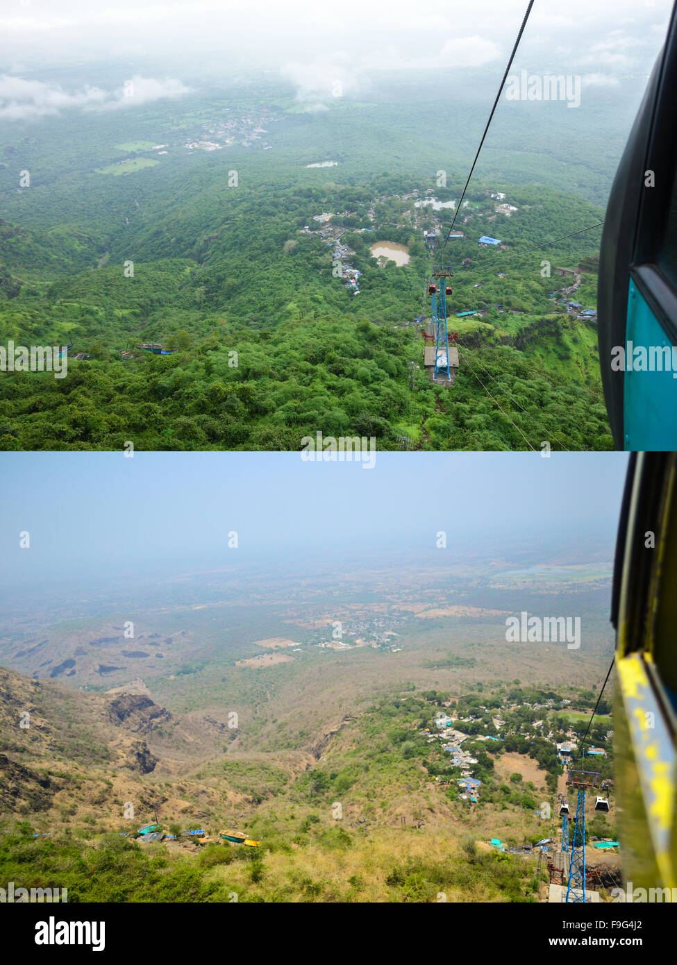 Pavagadh Hill view from Ropeway: Comparison / Difference Up: Monsoon season ( September month) Down: Summer season ( May month ) Stock Photo