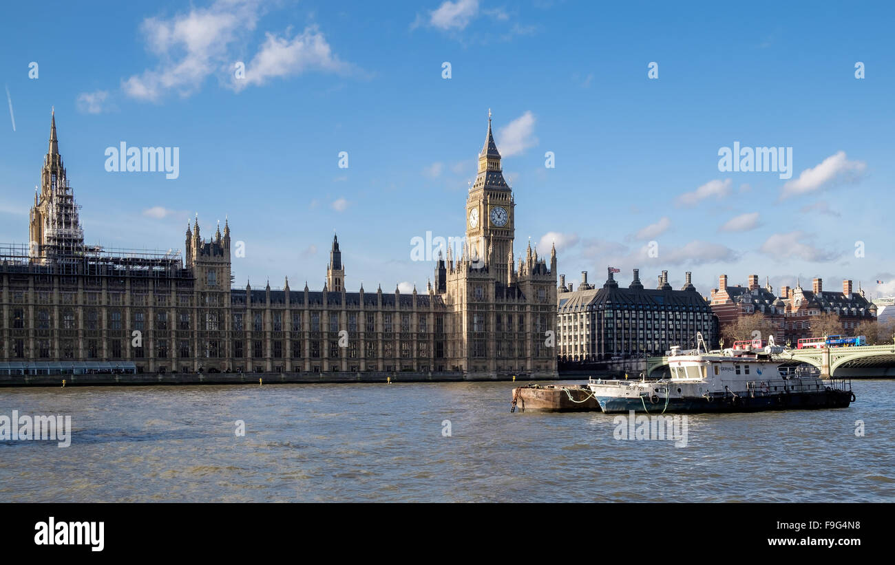 Working Boats in Front of the Houses of Parliament Stock Photo