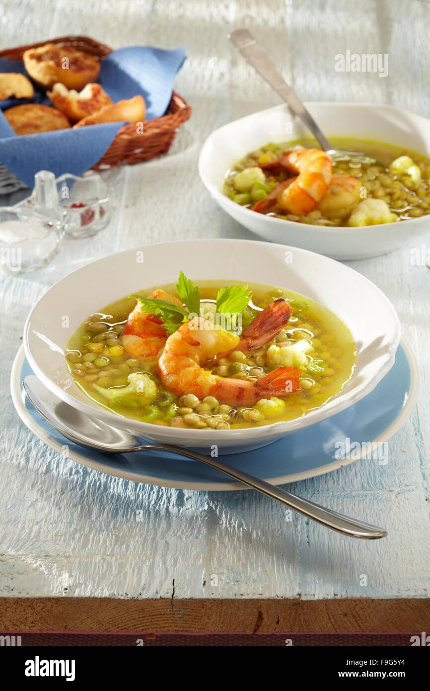 Lentil soup with shrimps Stock Photo