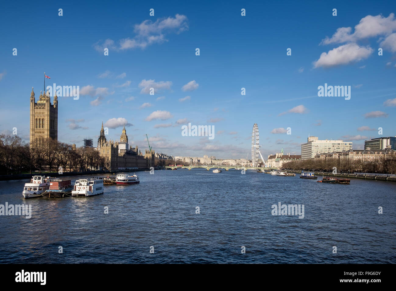 View along the River Thames to the Houses of Parliament Stock Photo