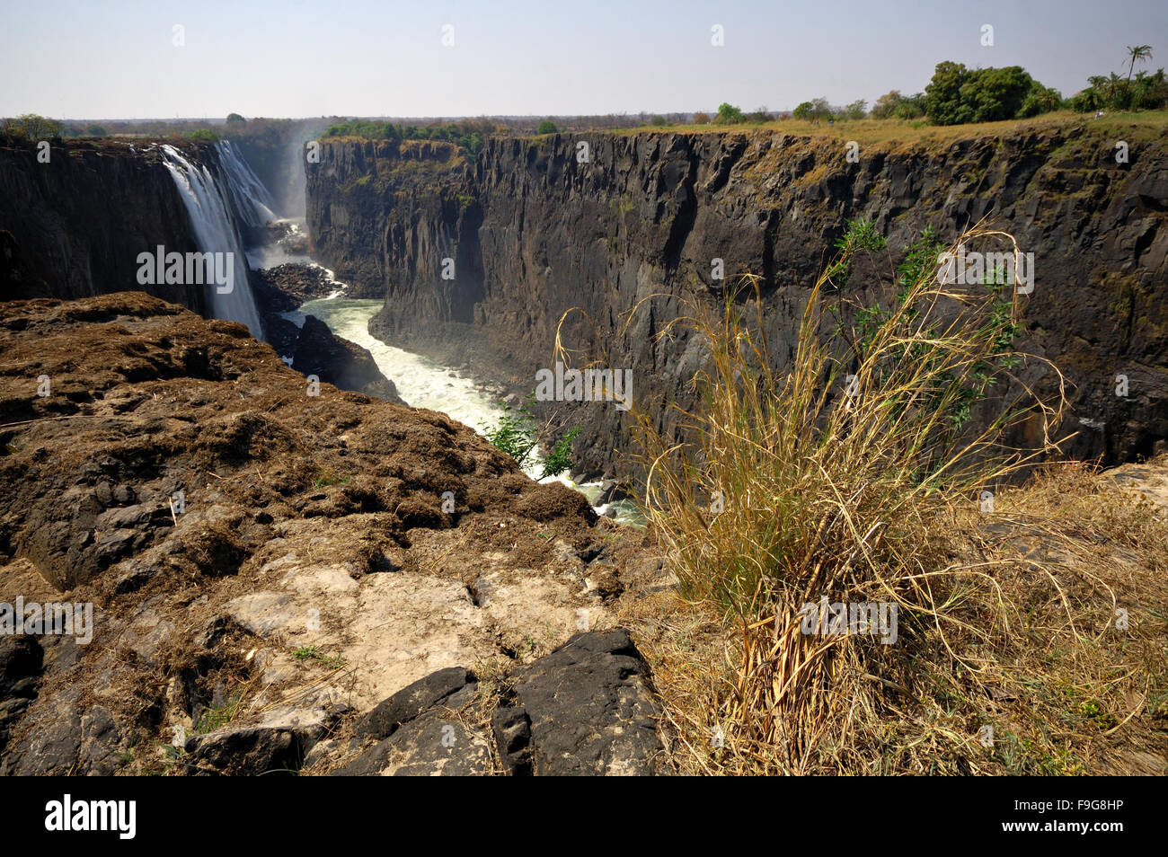 Victoria Falls during dry season (September) from Livingstone island, Zambia Stock Photo