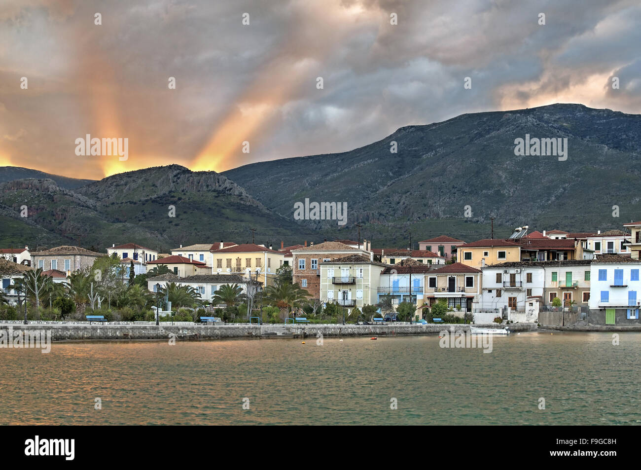 Close view to Galaxidi traditional town at sunset, in Fokida region, in the Corinthian Gulf, Central Greece Stock Photo