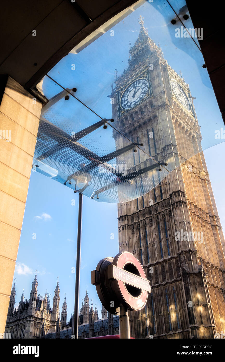 View of Big Ben from the exit of Embankment Tube Station Stock Photo