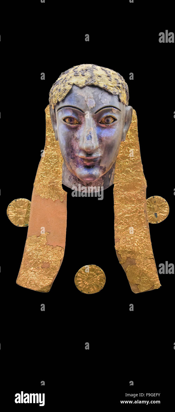 Head and parts of the Apollo statue made of gold and ivory found in the Delphi museum in Fokida region, Central Greece Stock Photo