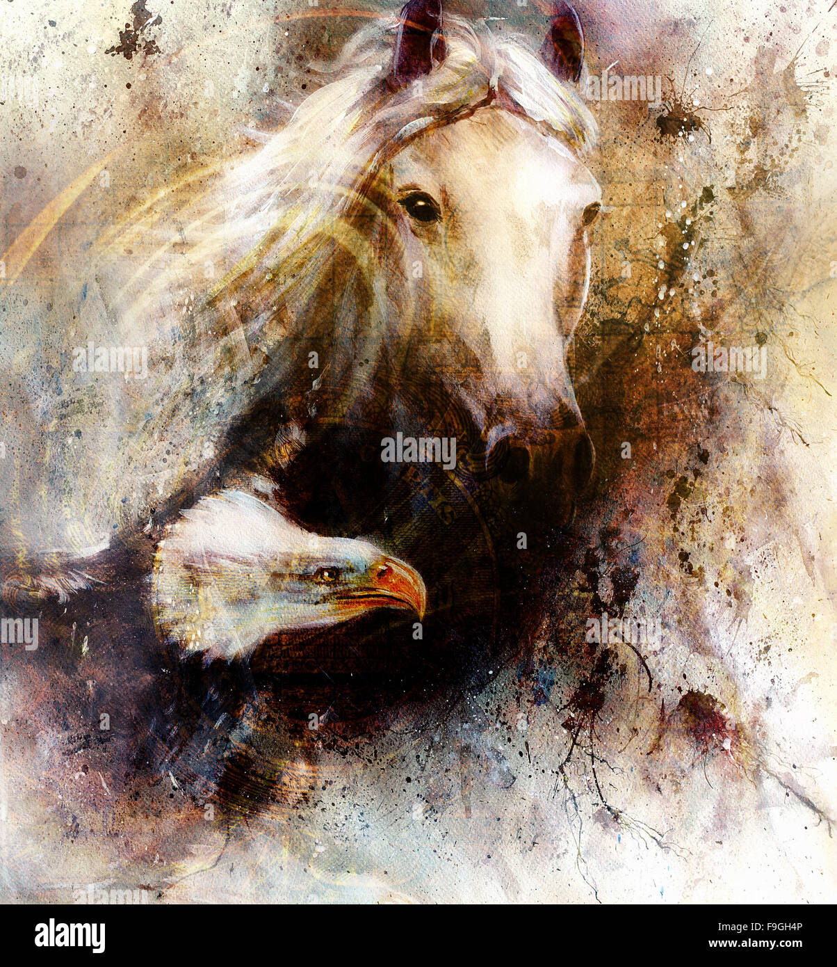 beautiful painting of a white horse with a flying eagle, on an abstract