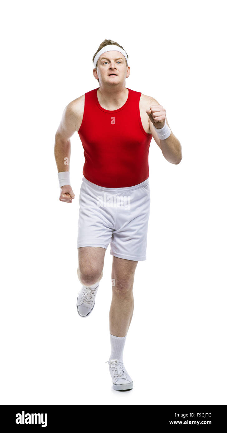 Funny Weak Sportsman Exercising Studio Shot On White Background Stock Photo Alamy