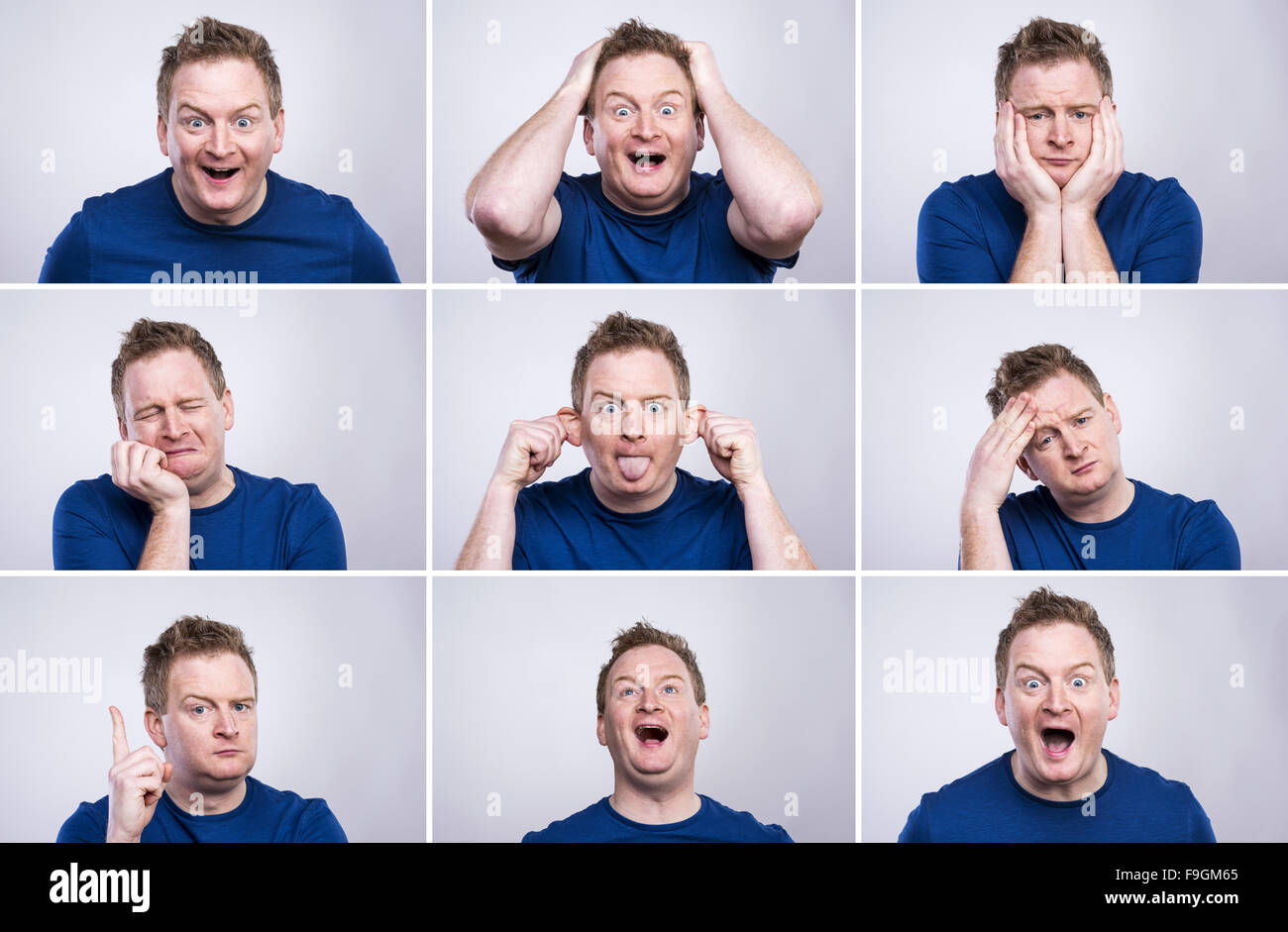 Funny young adult showing his emotions expressively by his gestures and ...