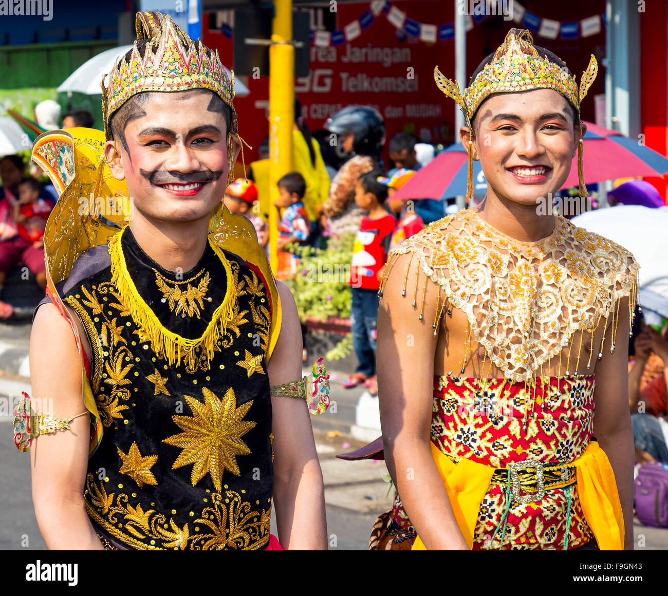 Men in costumes, National Day parade, Klaten, Central Java, Java Island, Indonesia Stock Photo
