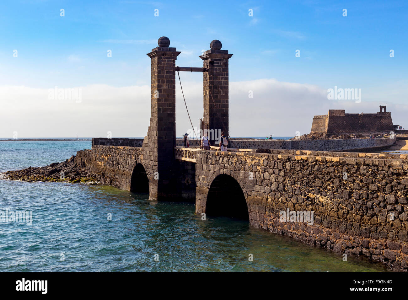 Puente de las Bolas, drawbridge in front of the fort, Castillo de San Gabriel, Arrecife, Lanzarote, Canary Islands, Spain Stock Photo
