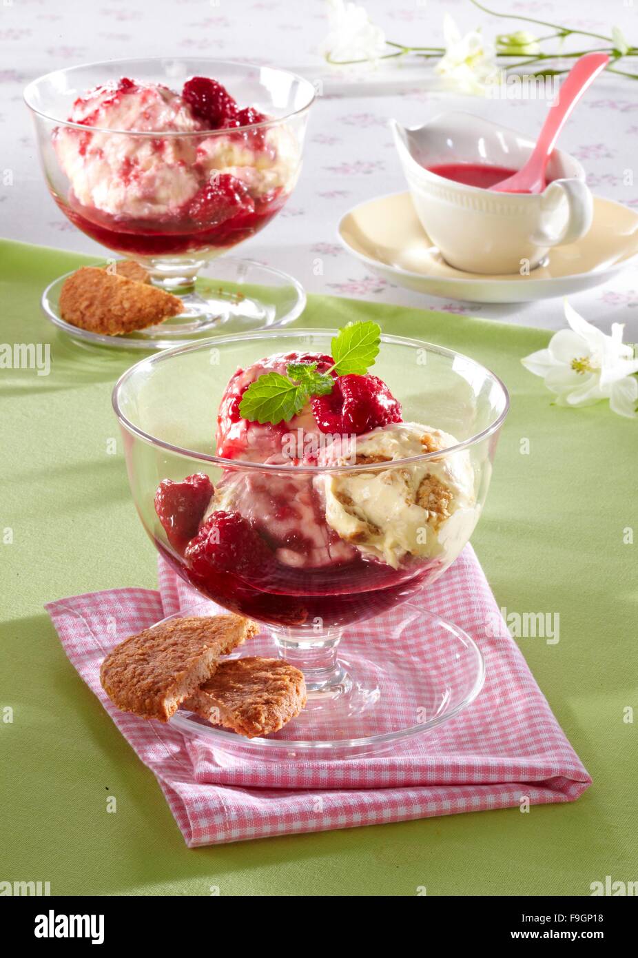 Cookie Ice Cream with Hot Raspberry Sauce Stock Photo Alamy