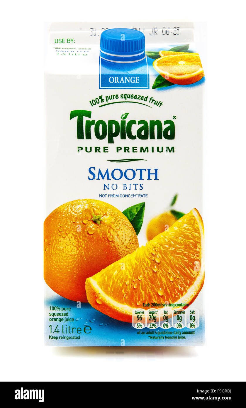 Carton of Tropicana Orange Juice on a White Background Stock Photo