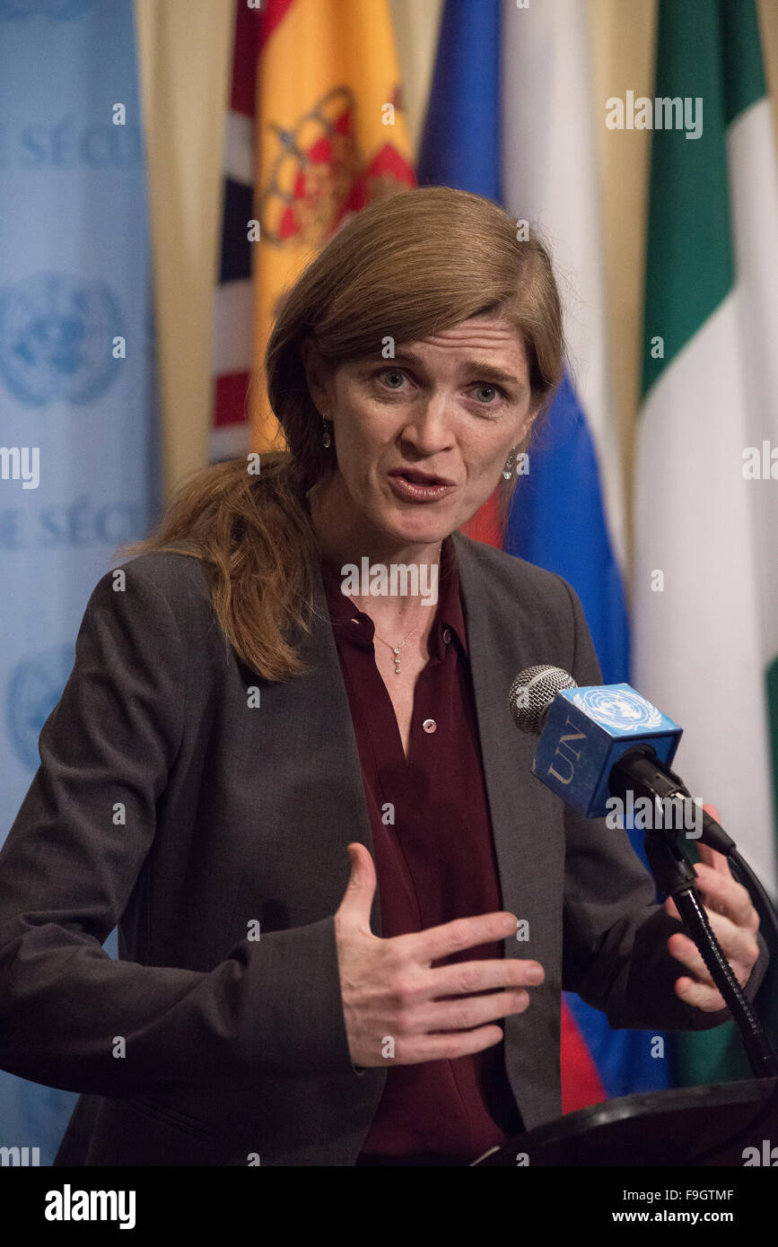 New York, United States. 16th Dec, 2015. Samantha Power briefs the UN press corps. Following a United Nations Security Council session on the situation in the Middle East, U.S. Ambassador Samantha Power, acting in her capacity as President of the Council for the month of December, briefed the press regarding ongoing efforts to affect a peaceful resolve to the Palestinian-Israeli conflict and related matters. Credit:  Albin Lohr-Jones/Pacific Press/Alamy Live News Stock Photo