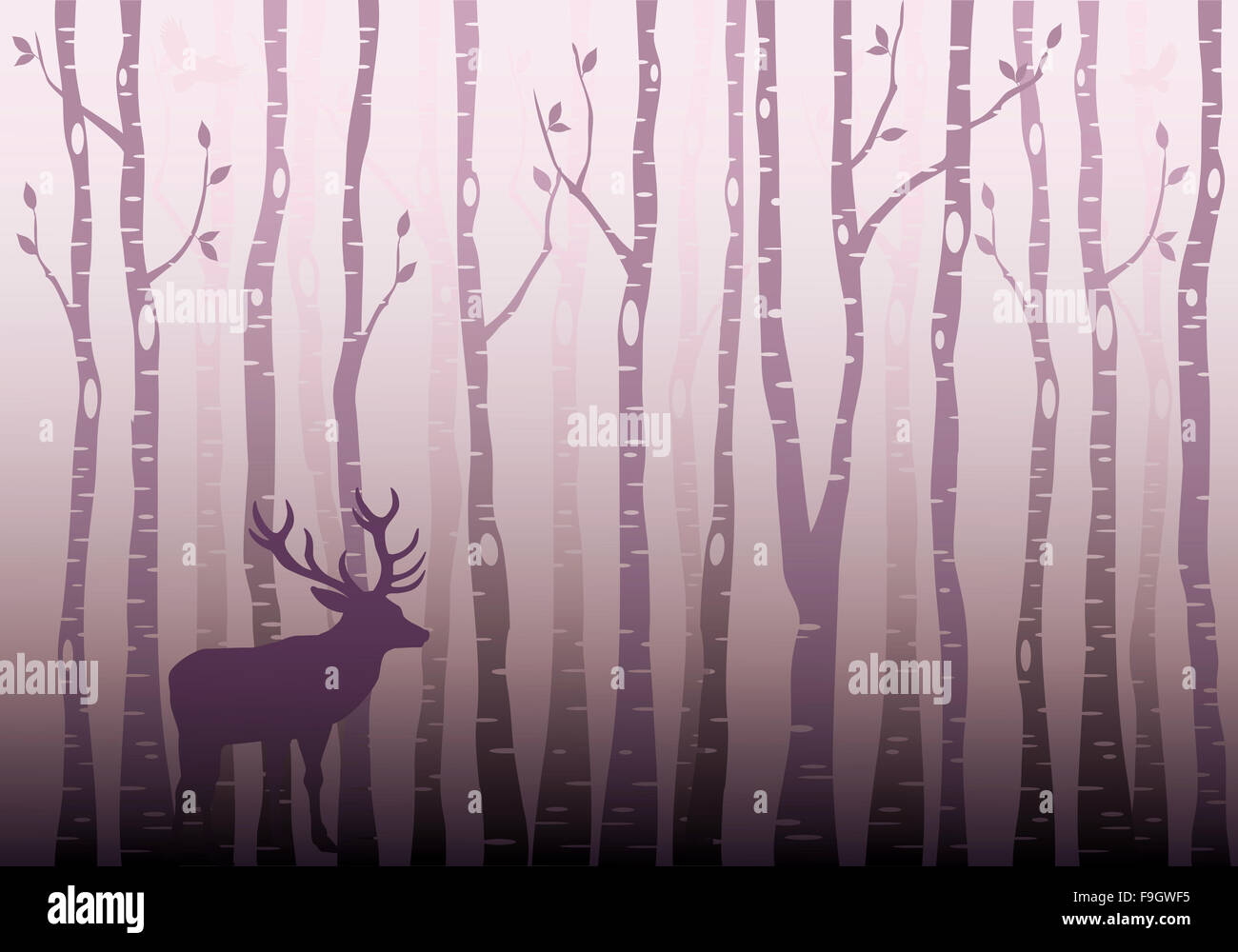Birch tree forest with deer and birds, winter wonderland, vector illustration Stock Photo