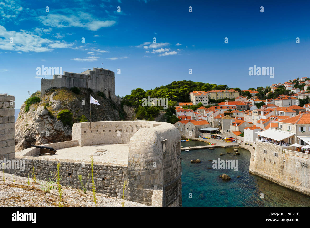 Fort Lovrijenac or St. Lawrence Fortress perch on a huge rock facing the sea, Dubrovnik, Croatia. Stock Photo