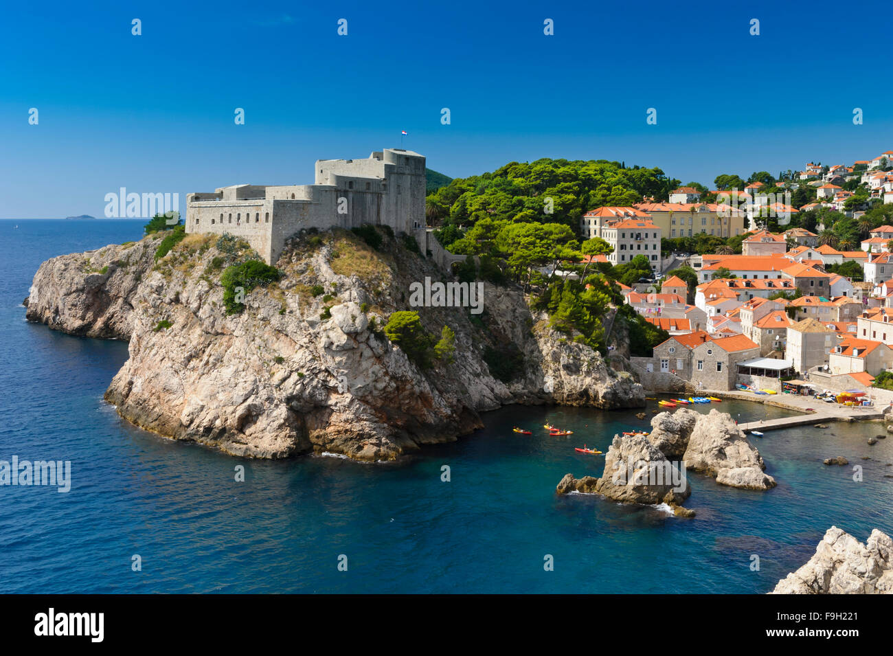 Fort Lovrijenac or St. Lawrence Fortress perch on a huge rock facing the sea, Dubrovnik, Croatia. Stock Photo