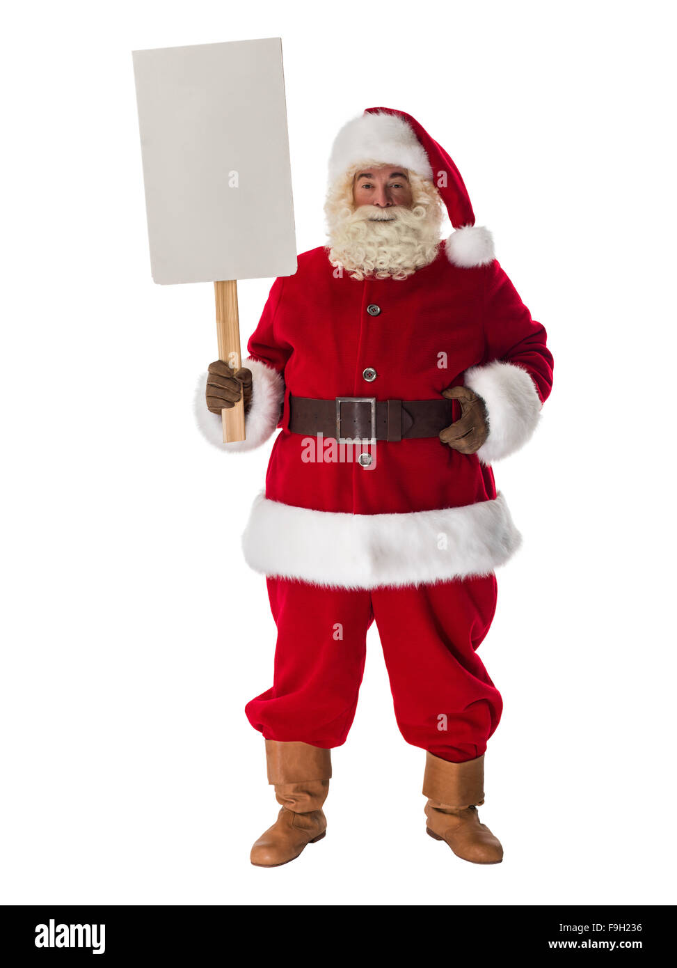 Santa Claus holding white blank sign Full Length Portrait. Isolated on ...