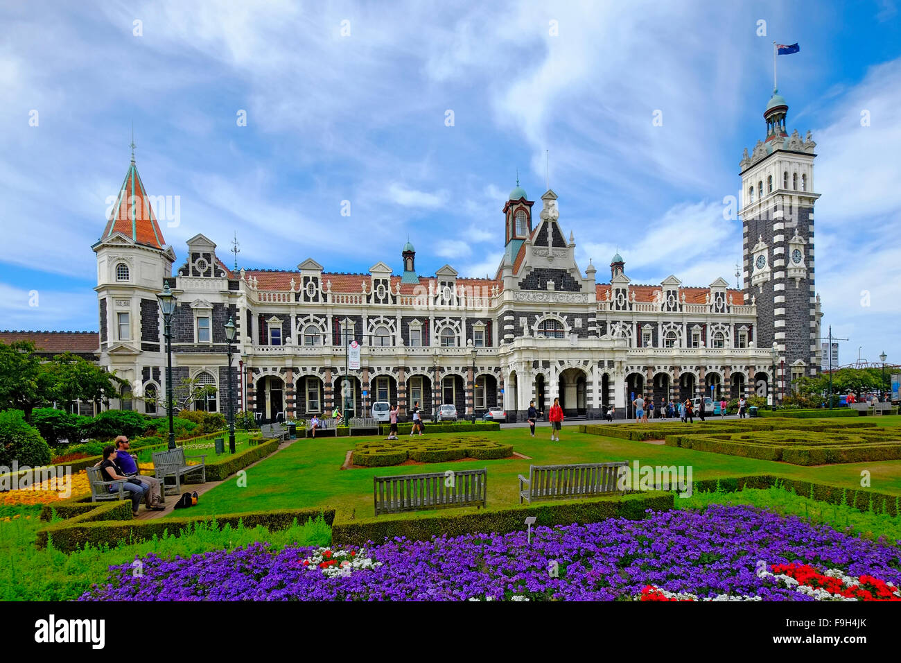 Dunedin Railway Station Gardens New Zealand NZ South Island Stock Photo