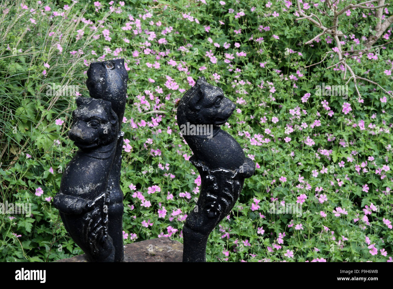 Figurines in the grounds of Belfast Castle overlooking Belfast and Belfast Lough from the Cavehill Country Park. Stock Photo