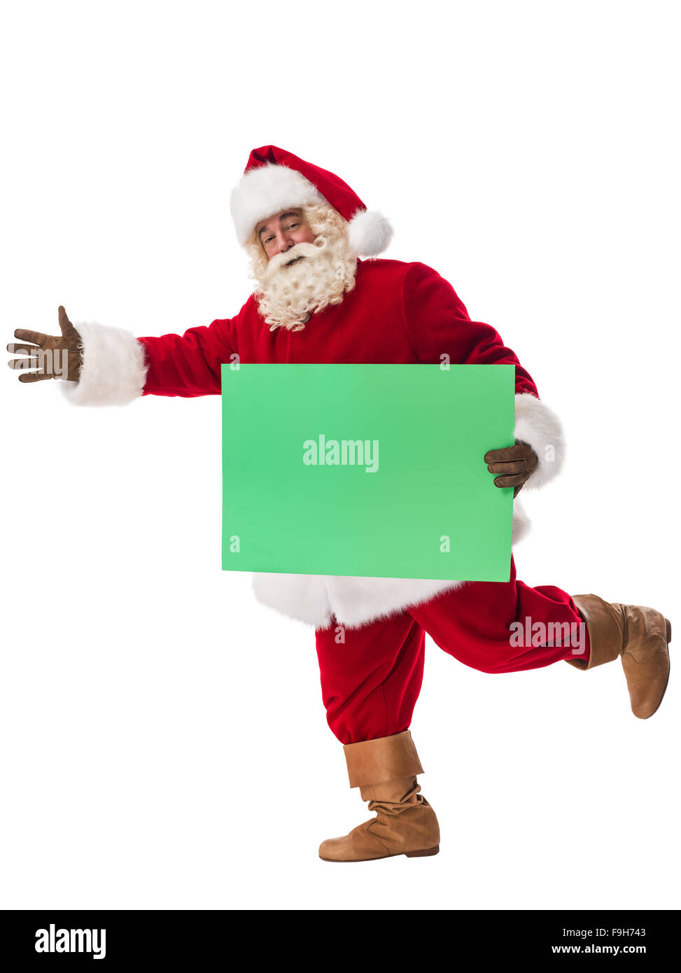 Santa Claus holding blank green sign Full Length Portrait. Isolated on ...
