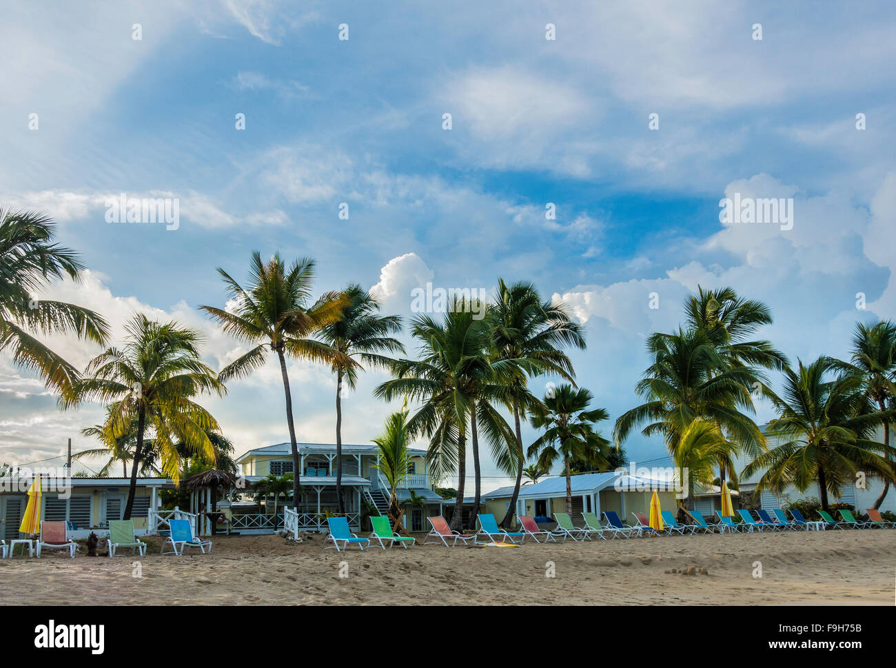 A view of a beachside resort, Cottages By The Sea, at sunrise, St. Croix, U.S. Virgin Islands. Stock Photo