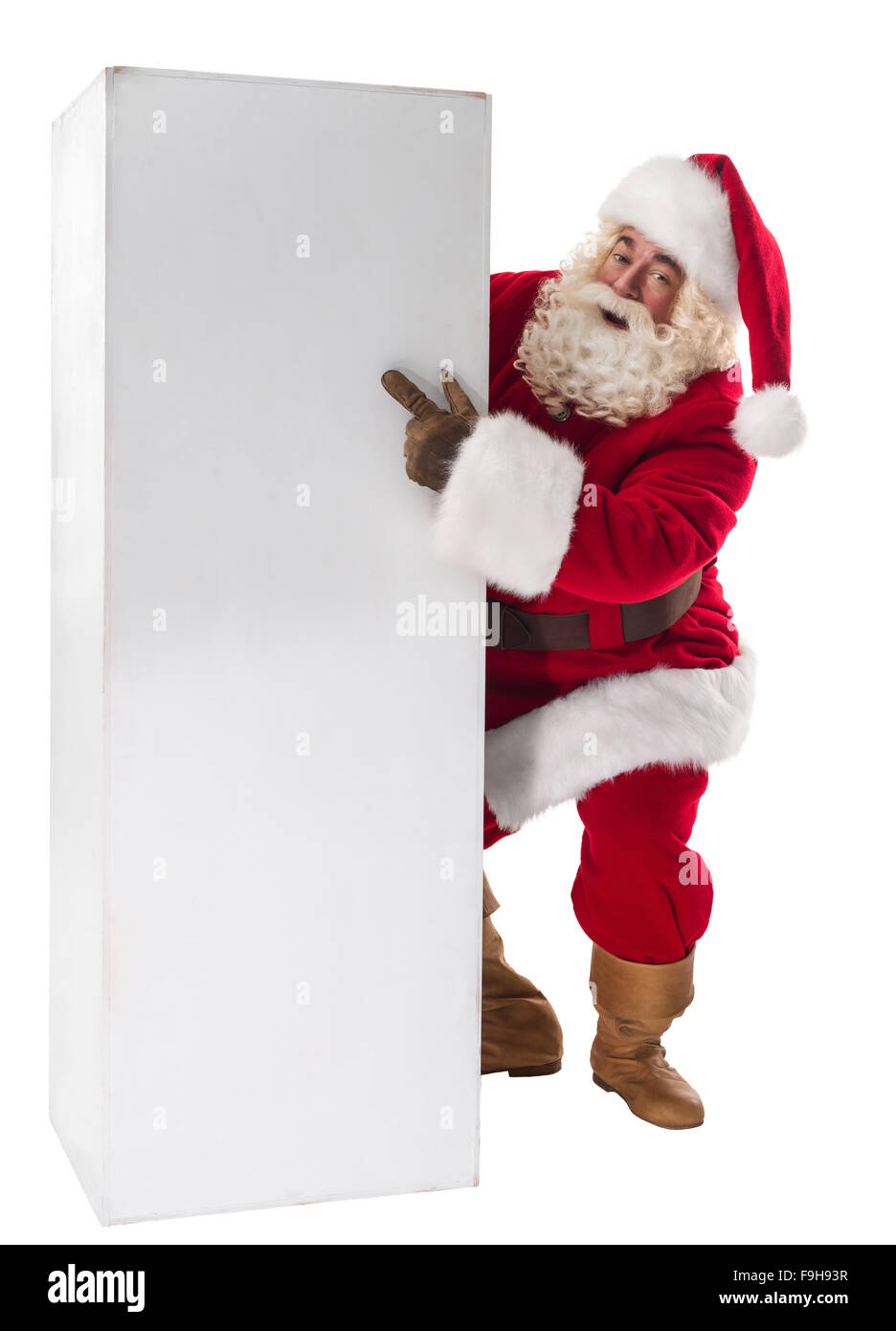 Santa Claus holding white blank sign Full Length Portrait. Isolated on ...