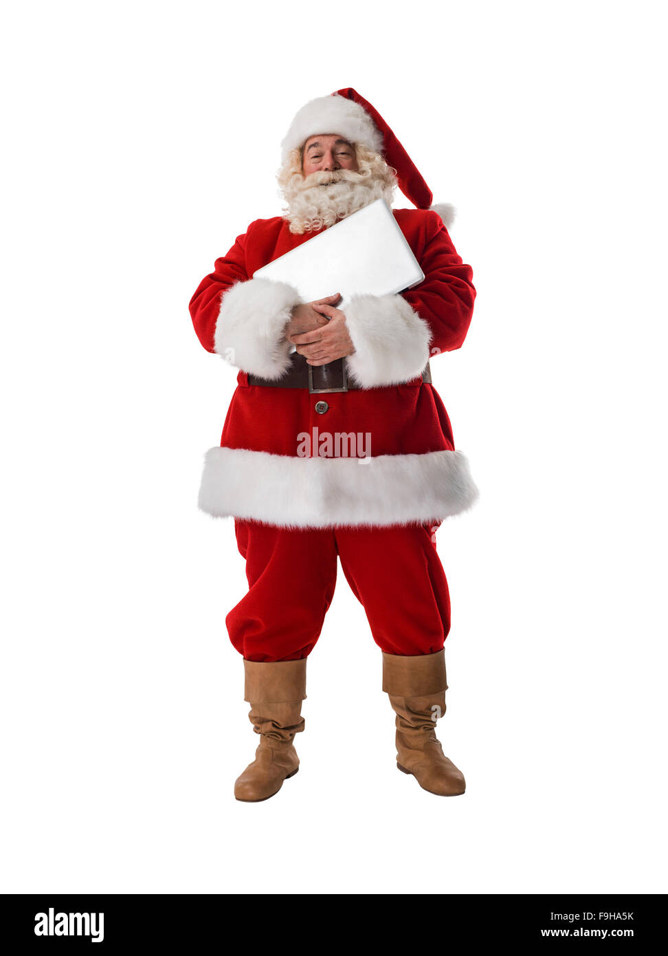 Santa Claus holding blank white sign Full Length Portrait. Isolated on ...