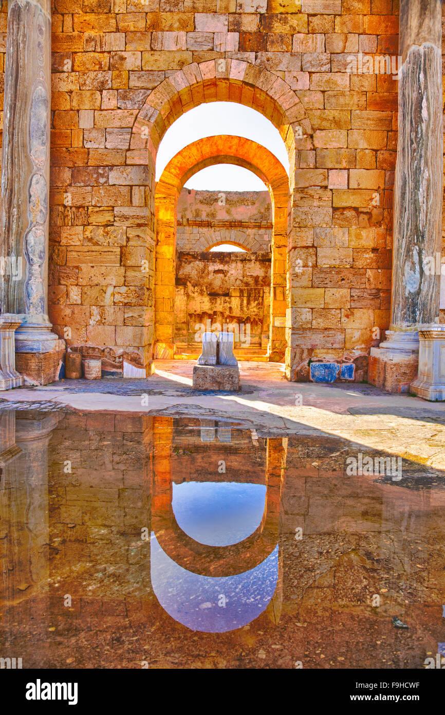 Arches in Hadrianic Baths, Ancient Roman city of Leptis Magna, Libya, Well-preserved ruins of largest Roman city in Africa, Medi Stock Photo