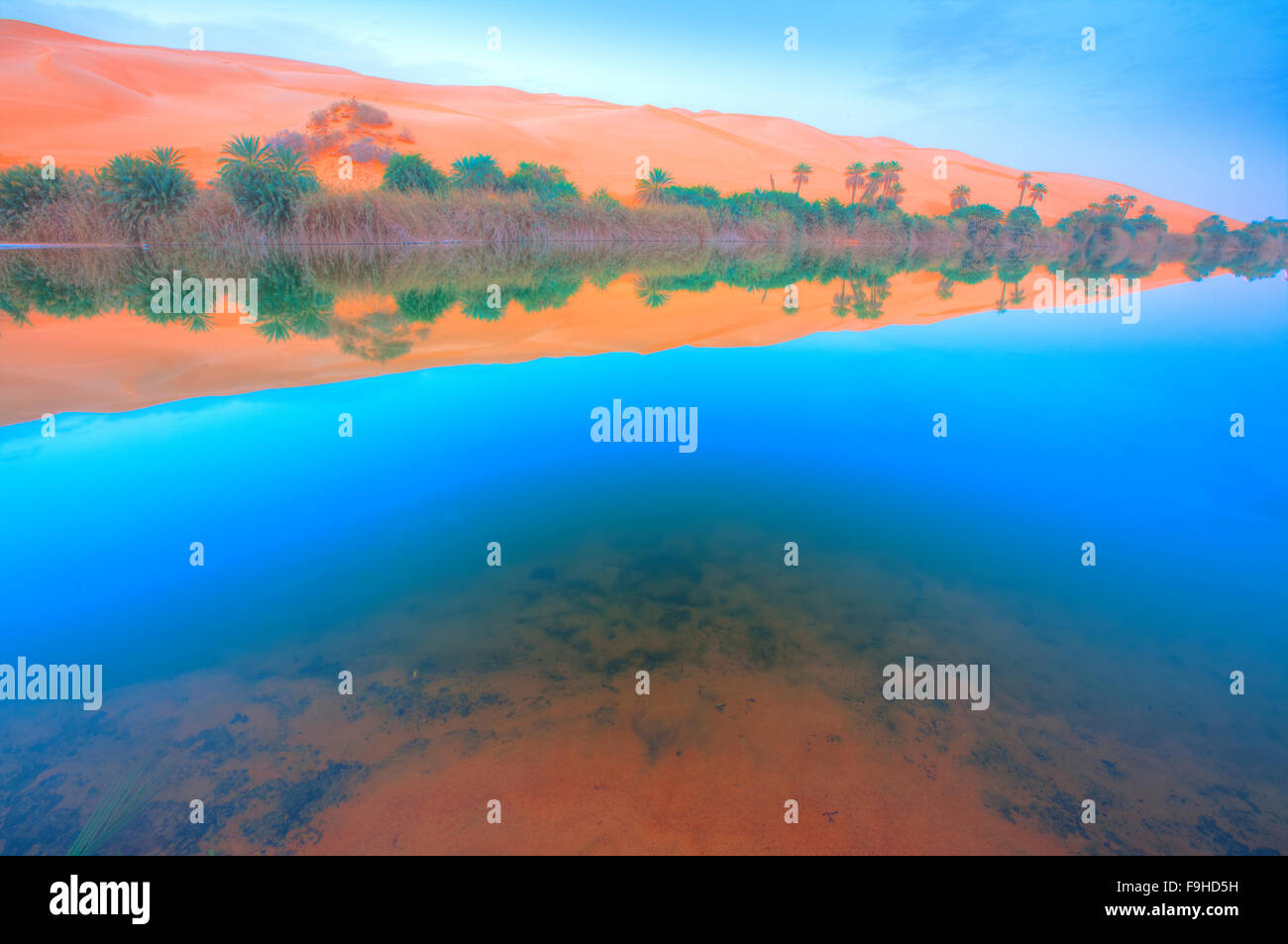 Umm-al-Maa Lake reflections, Sahara Desert, Libya Ubari Lakes, Sand Sea, Natural salt lakes in Shara interior Stock Photo